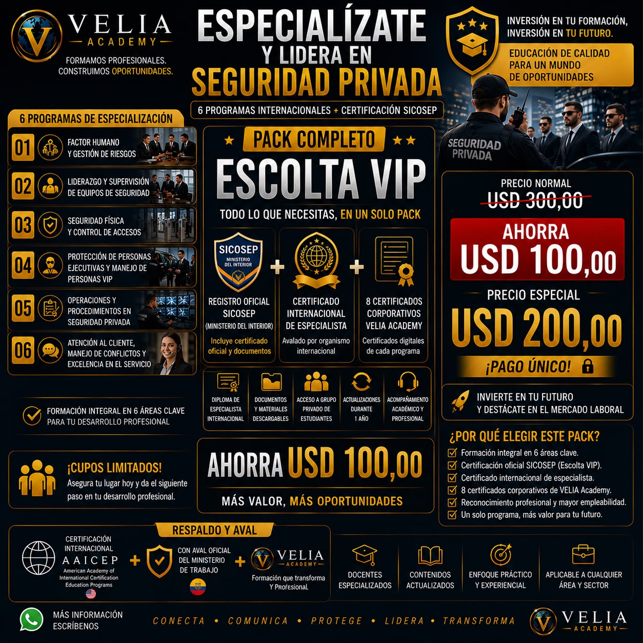 Pack completo Escolta VIP con seis programas y certificación SICOSEP